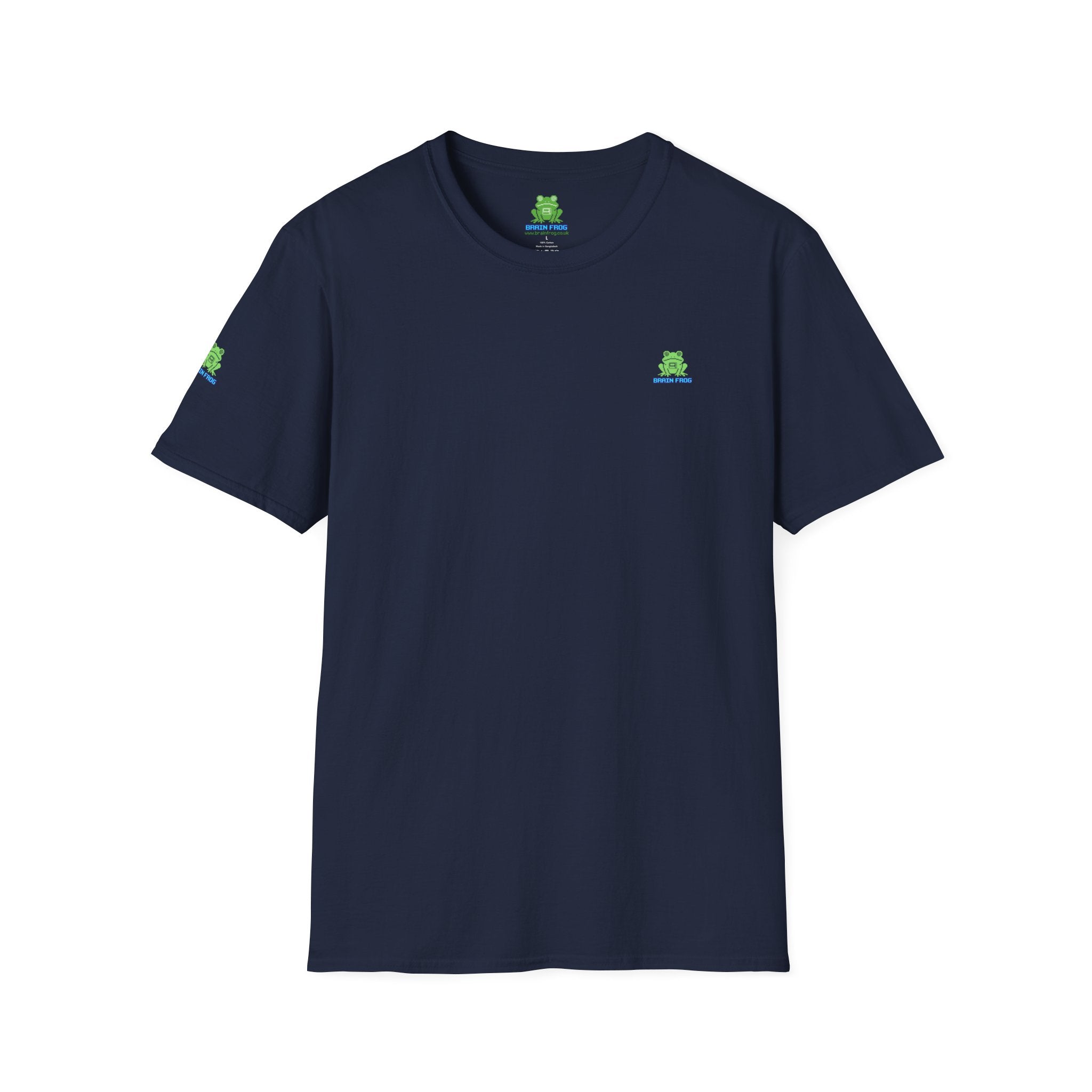 Brain Frog Design Signature T-Shirt - Small Green Brain Frog Logo Tee (Front Chest & Sleeve) - 100% Cotton / Cotton Blend