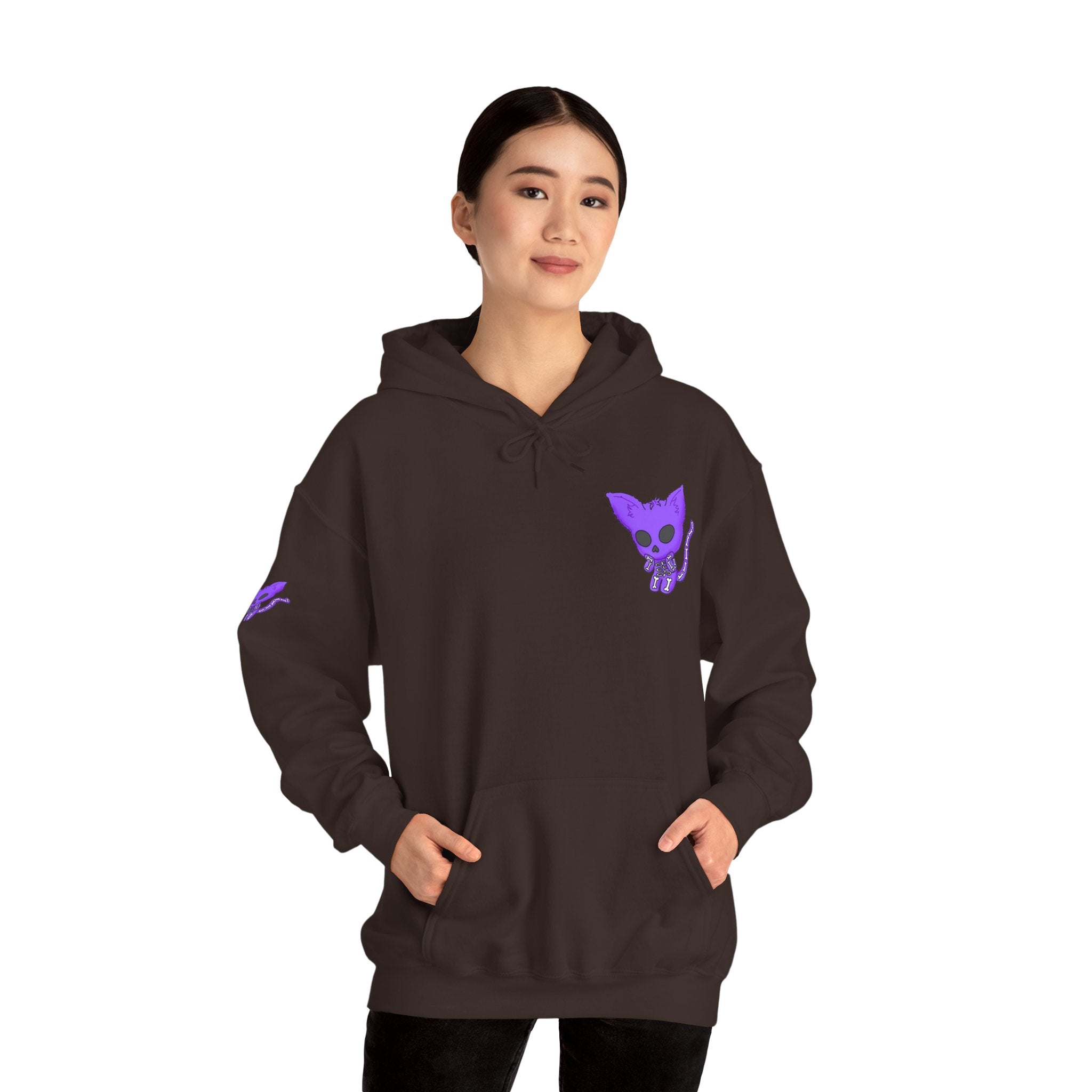 Purple Skeleton Cat Hoodie – Cute Spooky Graphic Sweatshirt - Unique Brand Design