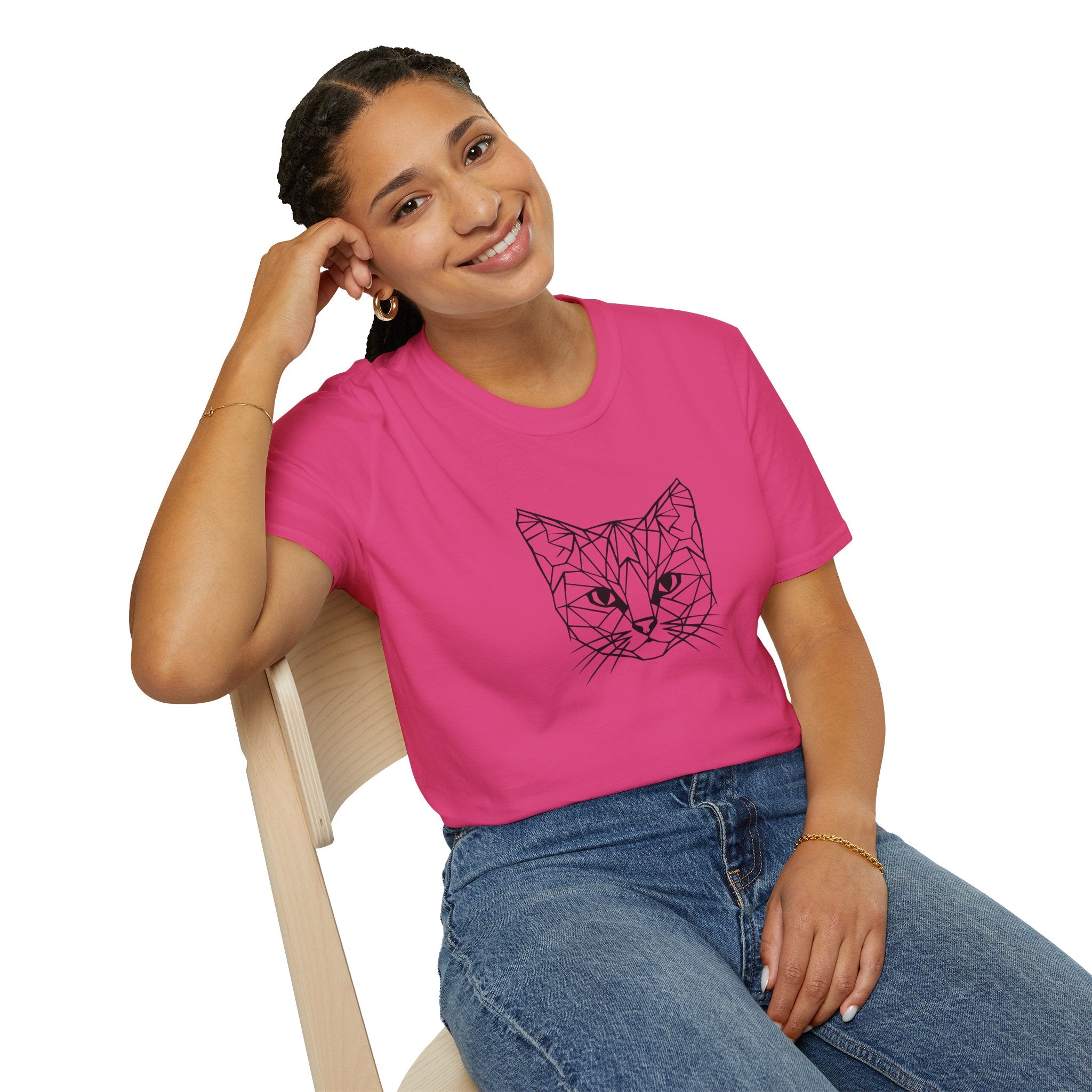 Geometric Cat T-Shirt - Minimal Line Art Cat Face Tee - 100% Cotton