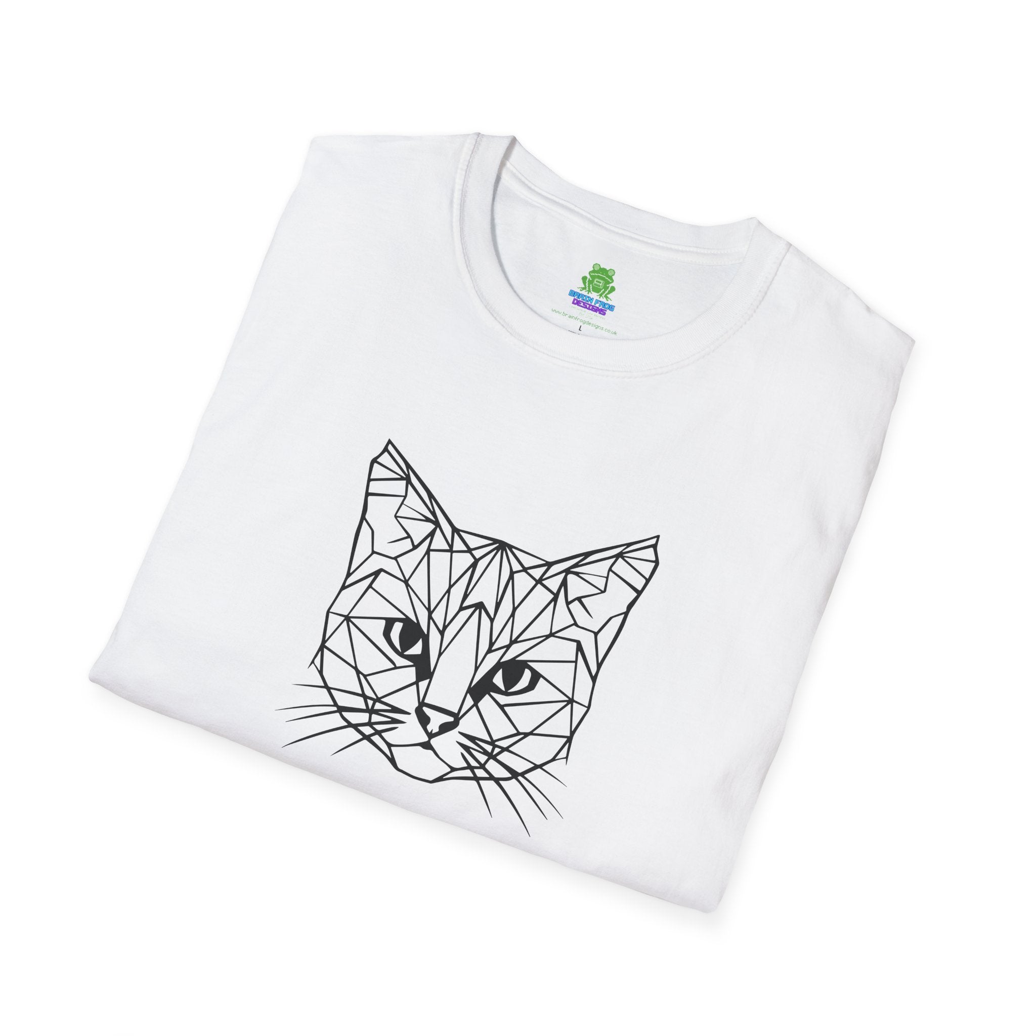 Geometric Cat T-Shirt - Minimal Line Art Cat Face Tee - 100% Cotton