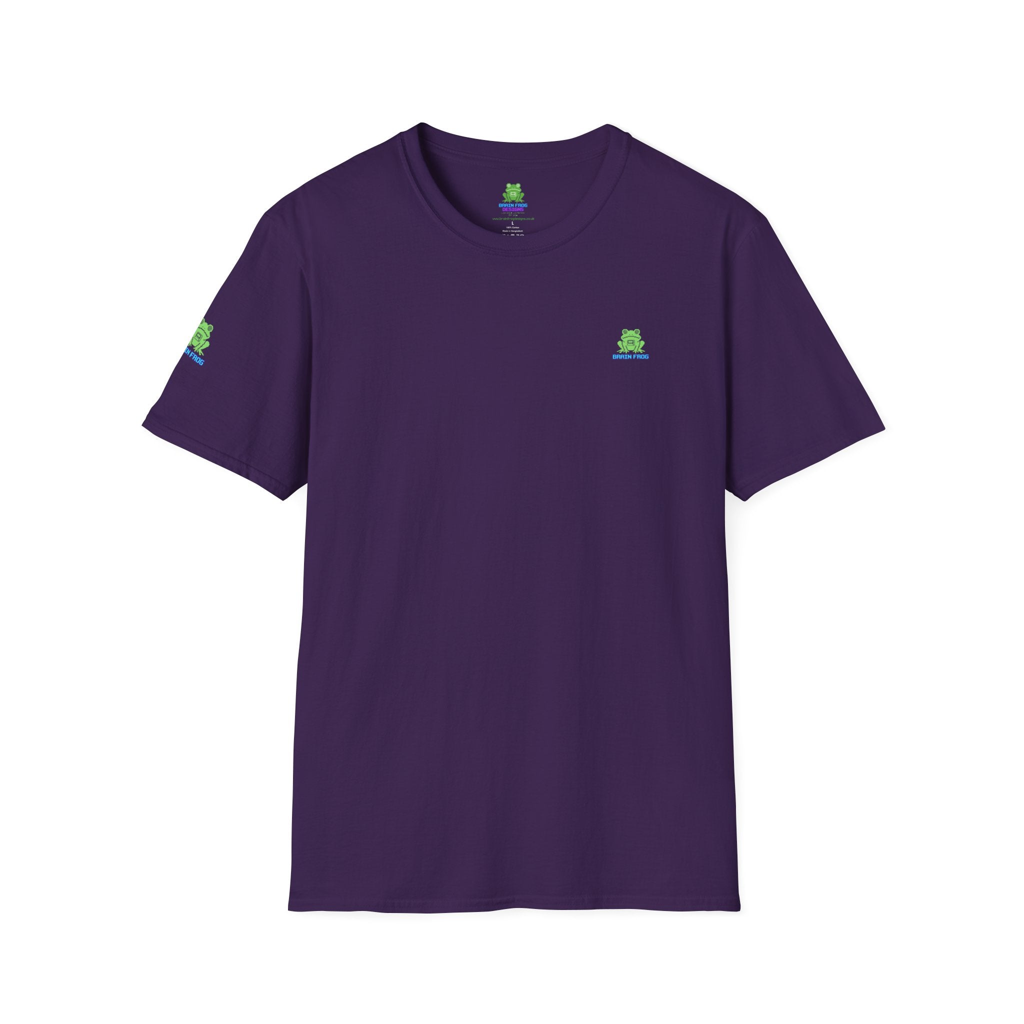 Brain Frog Design Signature T-Shirt - Small Green Brain Frog Logo Tee (Front Chest & Sleeve) - 100% Cotton / Cotton Blend