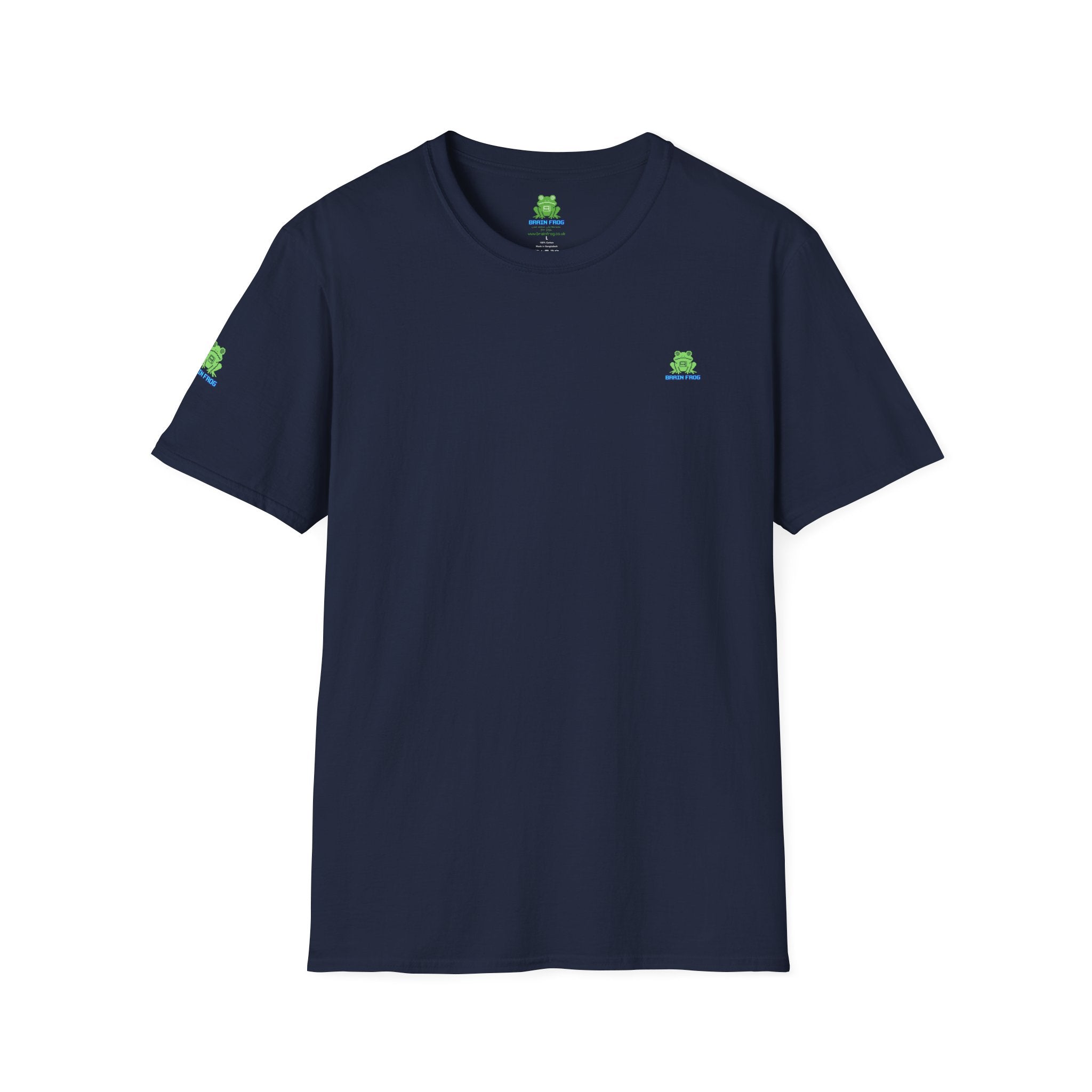 Brain Frog Design Signature T-Shirt - Small Green Brain Frog Logo Tee (Front Chest & Sleeve) - 100% Cotton