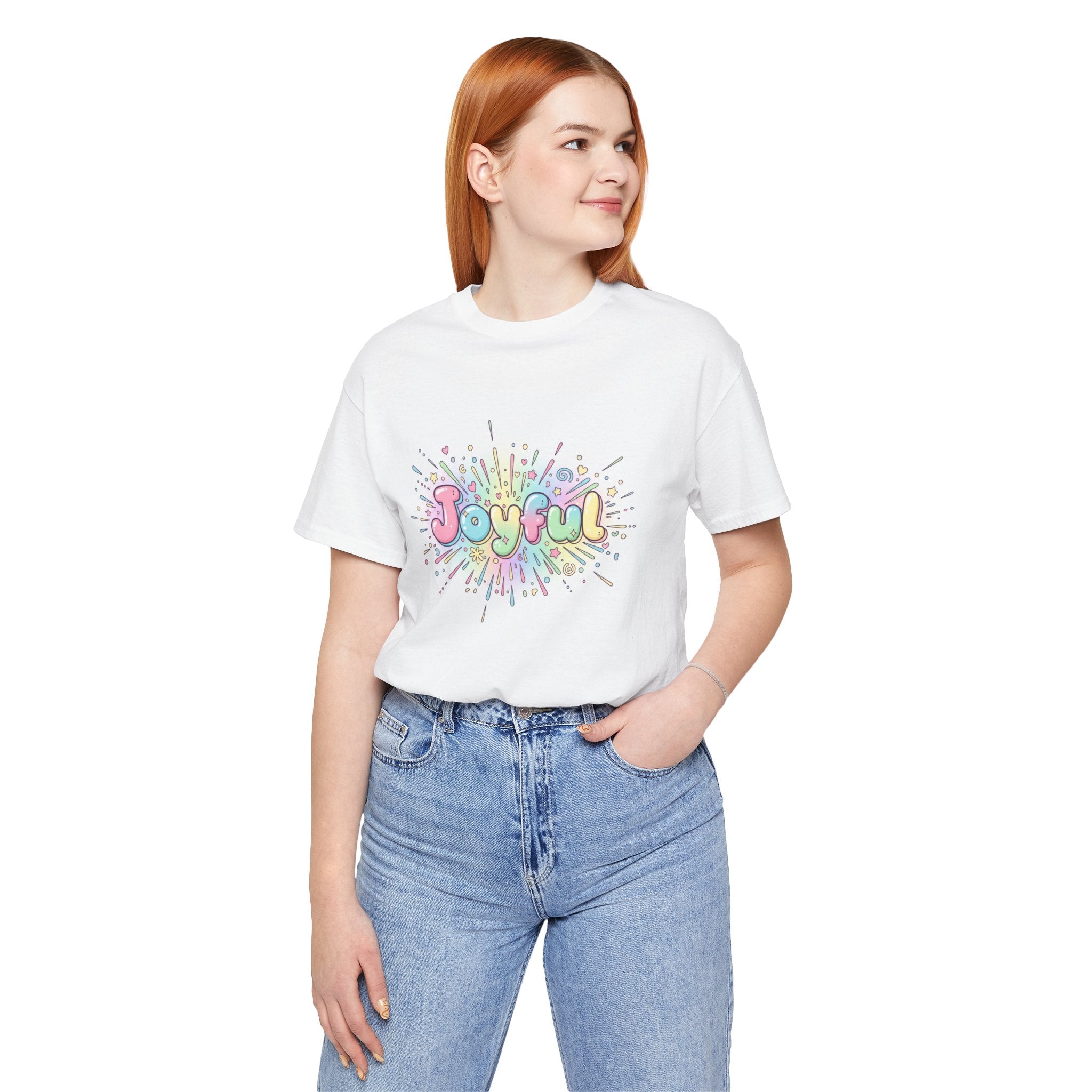 Joyful bubble letters Tee | chaotic cute typography, rainbow gradient - 100% Cotton