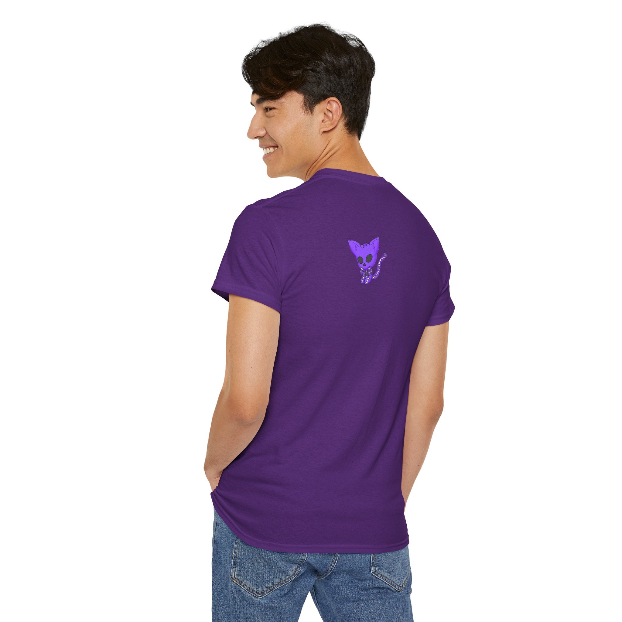 Purple Skeleton Cat Graphic Tee - Cute Creepy Kitty Shirt - 100% Cotton