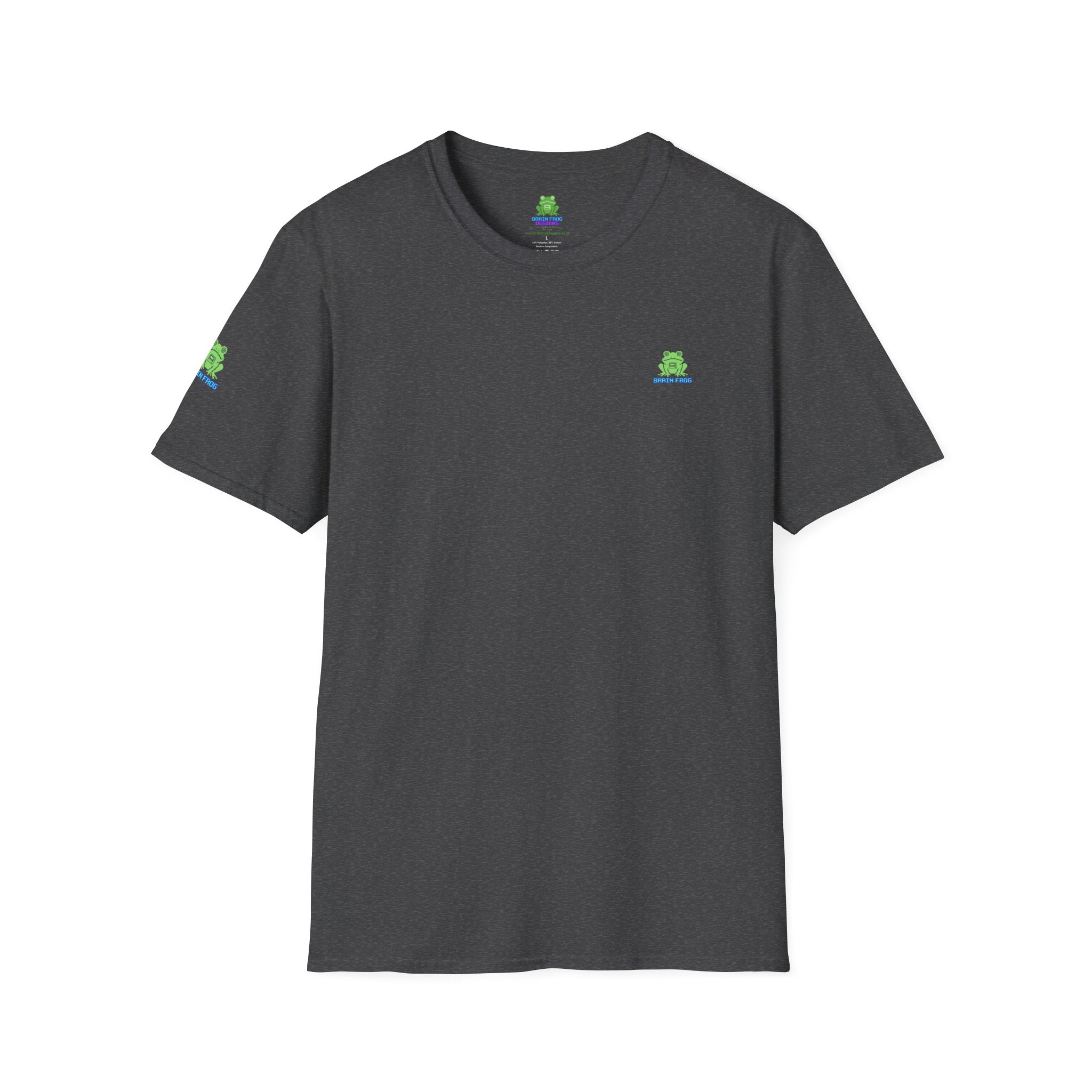 Brain Frog Design Signature T-Shirt - Small Green Brain Frog Logo Tee (Front Chest & Sleeve) - 100% Cotton / Cotton Blend