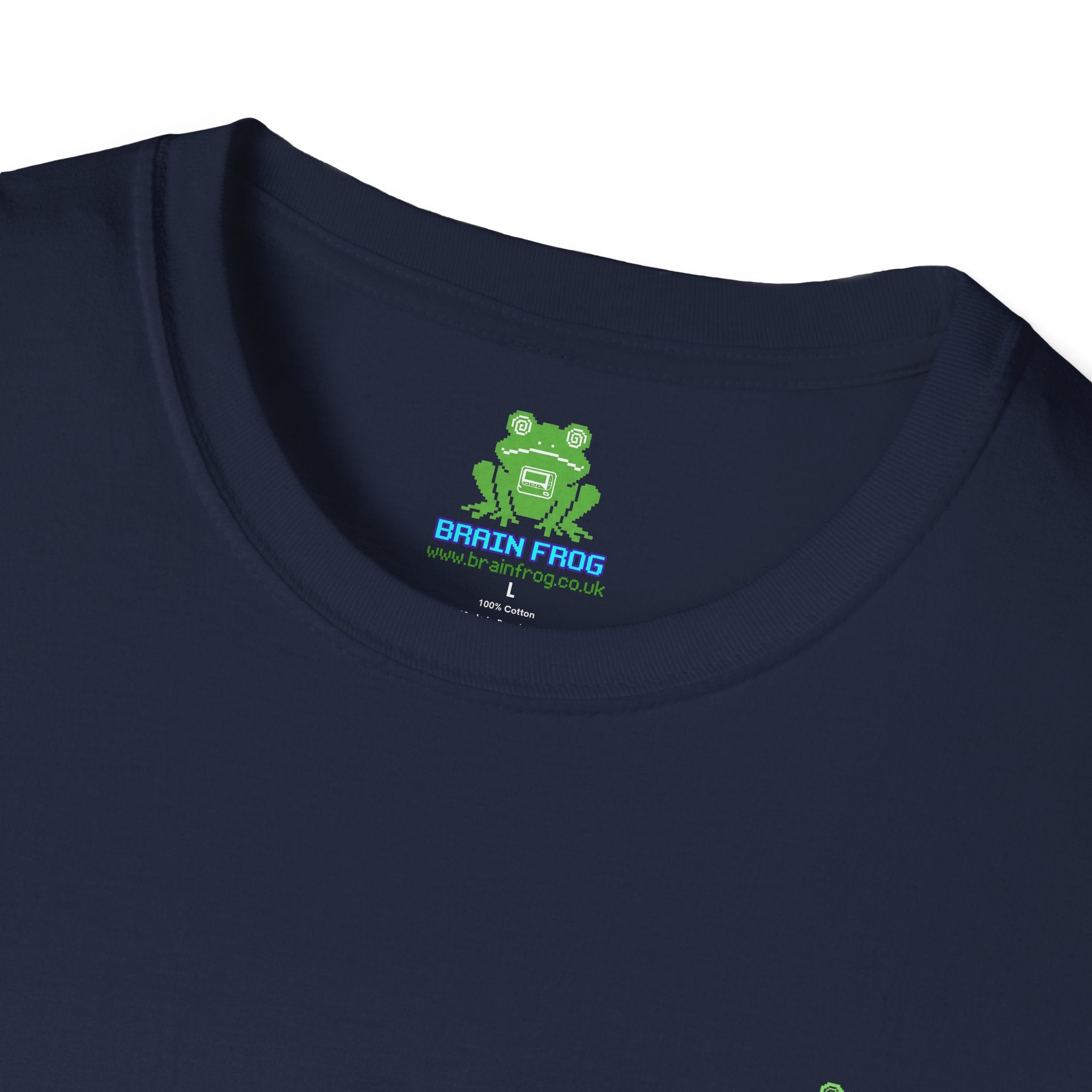 Brain Frog Design Signature T-Shirt - Small Green Brain Frog Logo Tee (Front Chest & Sleeve) - 100% Cotton / Cotton Blend