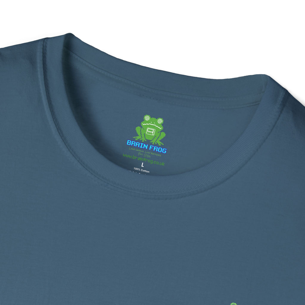 Brain Frog Design Signature T-Shirt - Small Green Brain Frog Logo Tee (Front Chest & Sleeve) - 100% Cotton