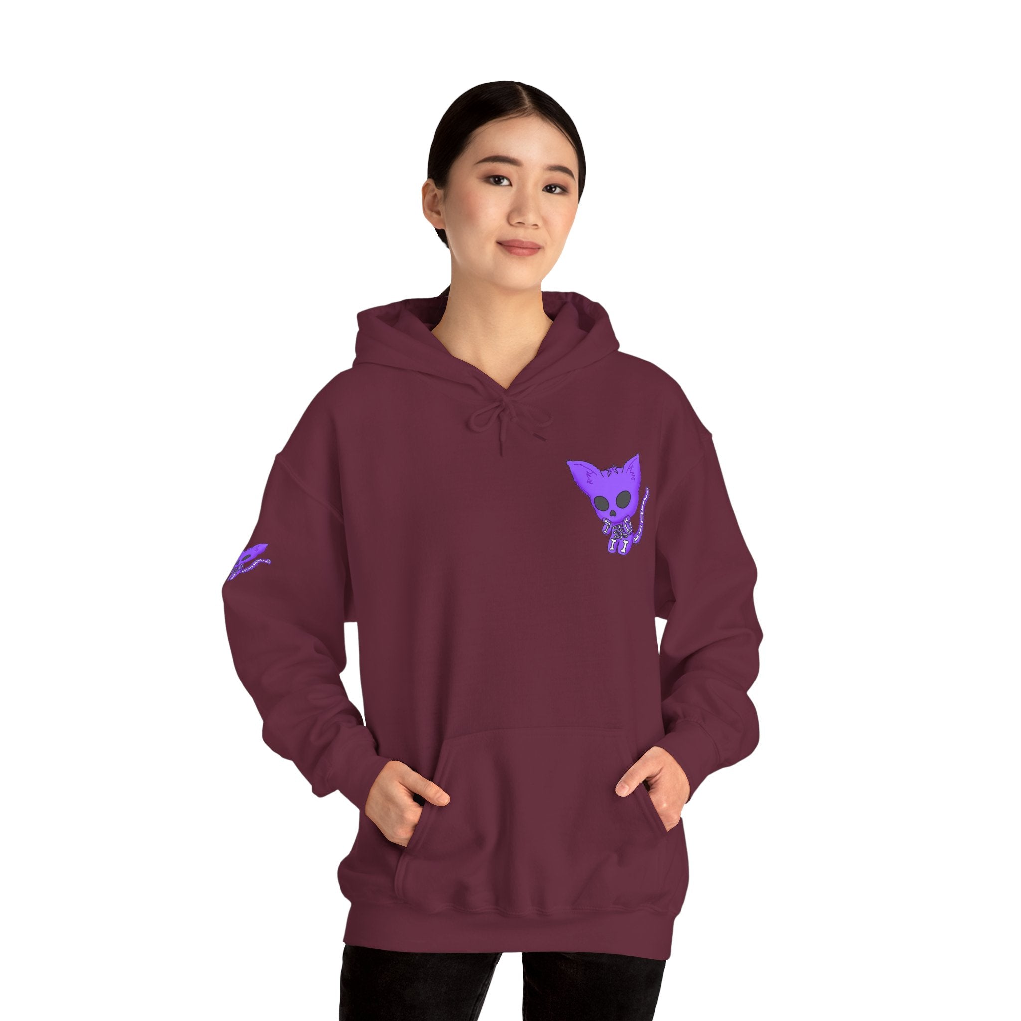 Purple Skeleton Cat Hoodie – Cute Spooky Graphic Sweatshirt - Unique Brand Design