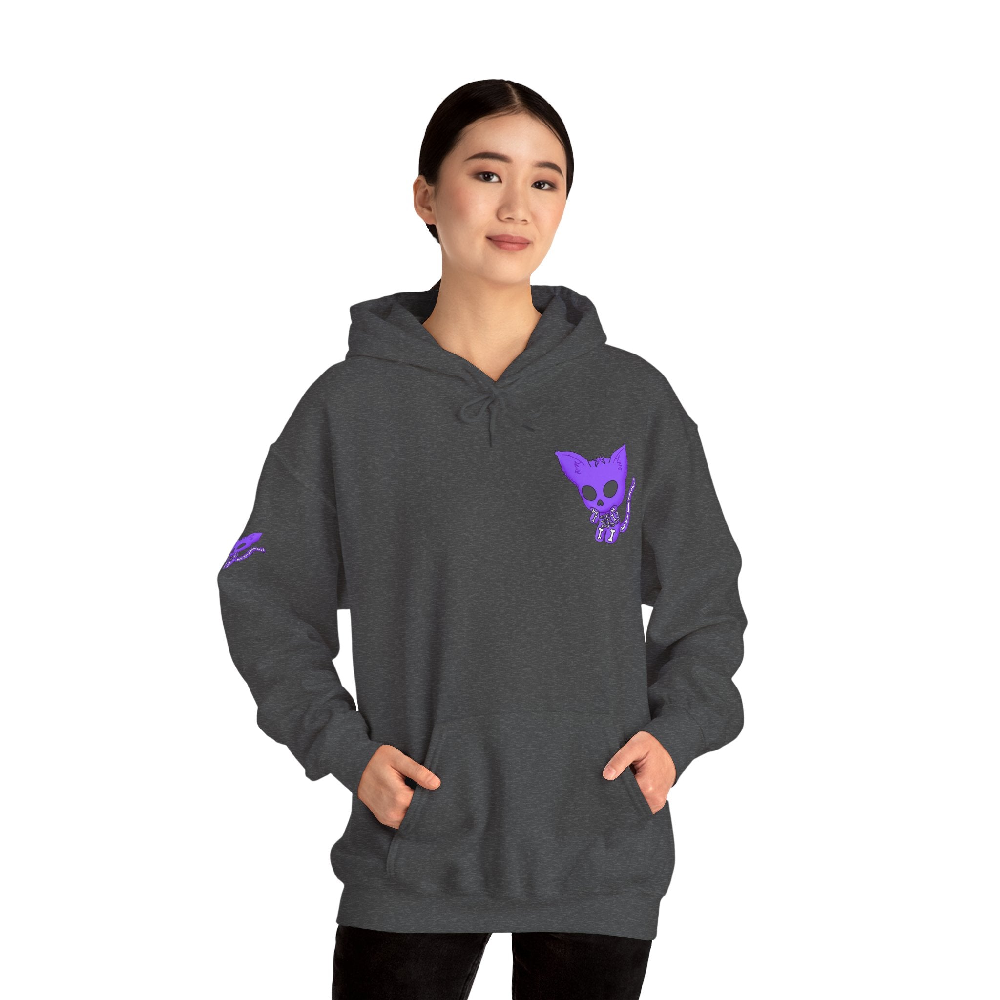 Purple Skeleton Cat Hoodie – Cute Spooky Graphic Sweatshirt - Unique Brand Design