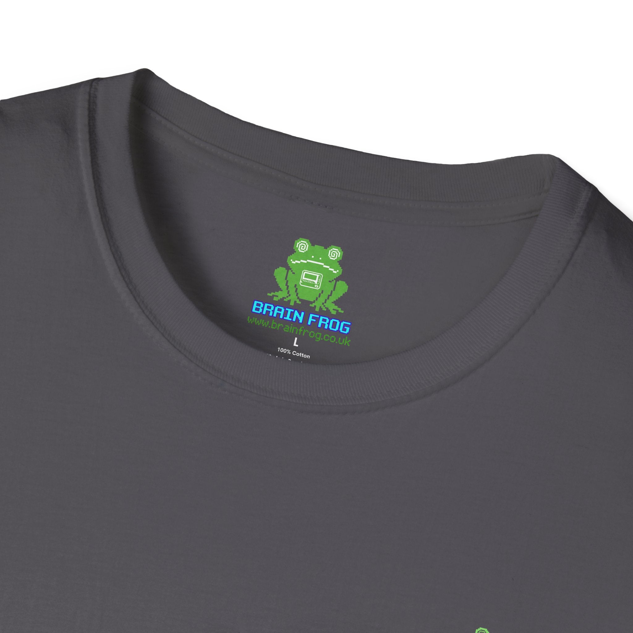 Brain Frog Design Signature T-Shirt - Small Green Brain Frog Logo Tee (Front Chest & Sleeve) - 100% Cotton / Cotton Blend