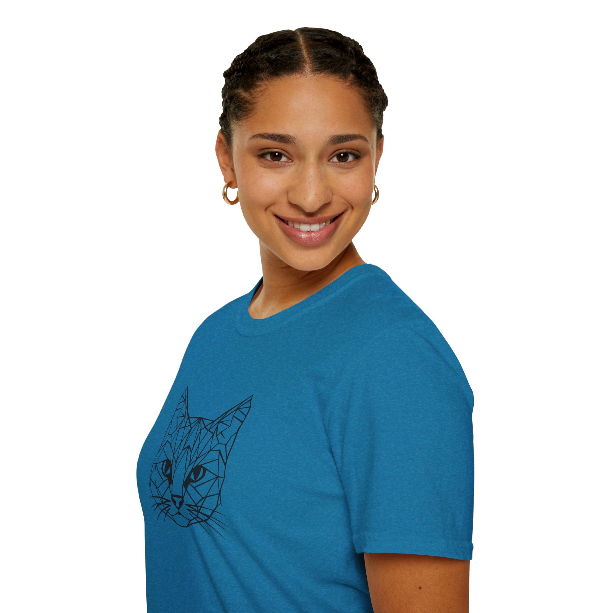 Geometric Cat T-Shirt - Minimal Line Art Cat Face Tee - 100% Cotton