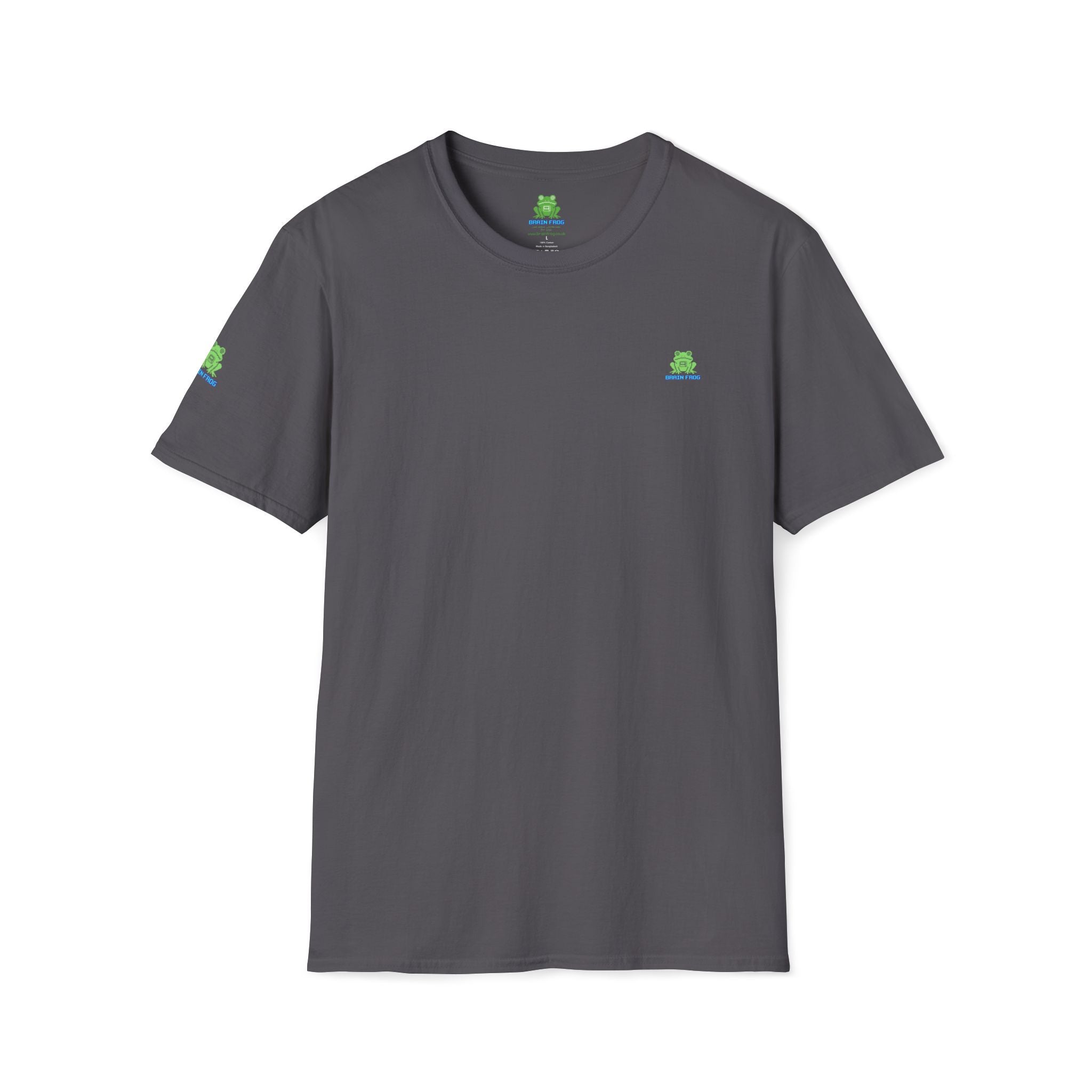 Brain Frog Design Signature T-Shirt - Small Green Brain Frog Logo Tee (Front Chest & Sleeve) - 100% Cotton