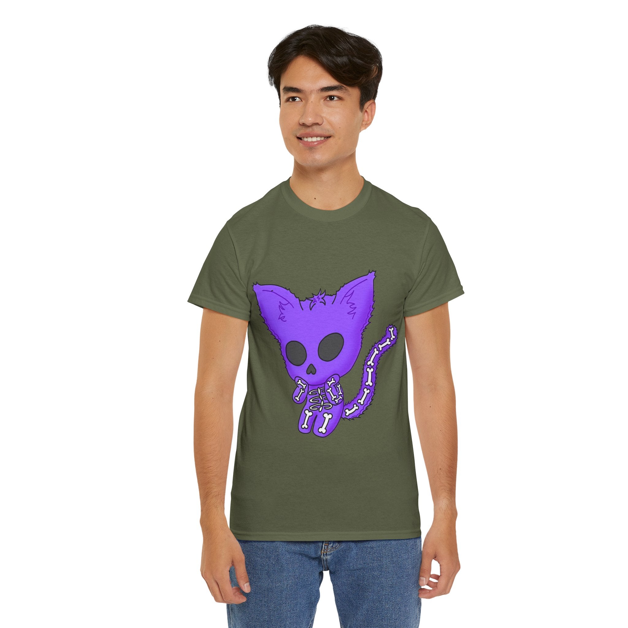 Purple Skeleton Cat Graphic Tee - Cute Creepy Kitty Shirt - 100% Cotton