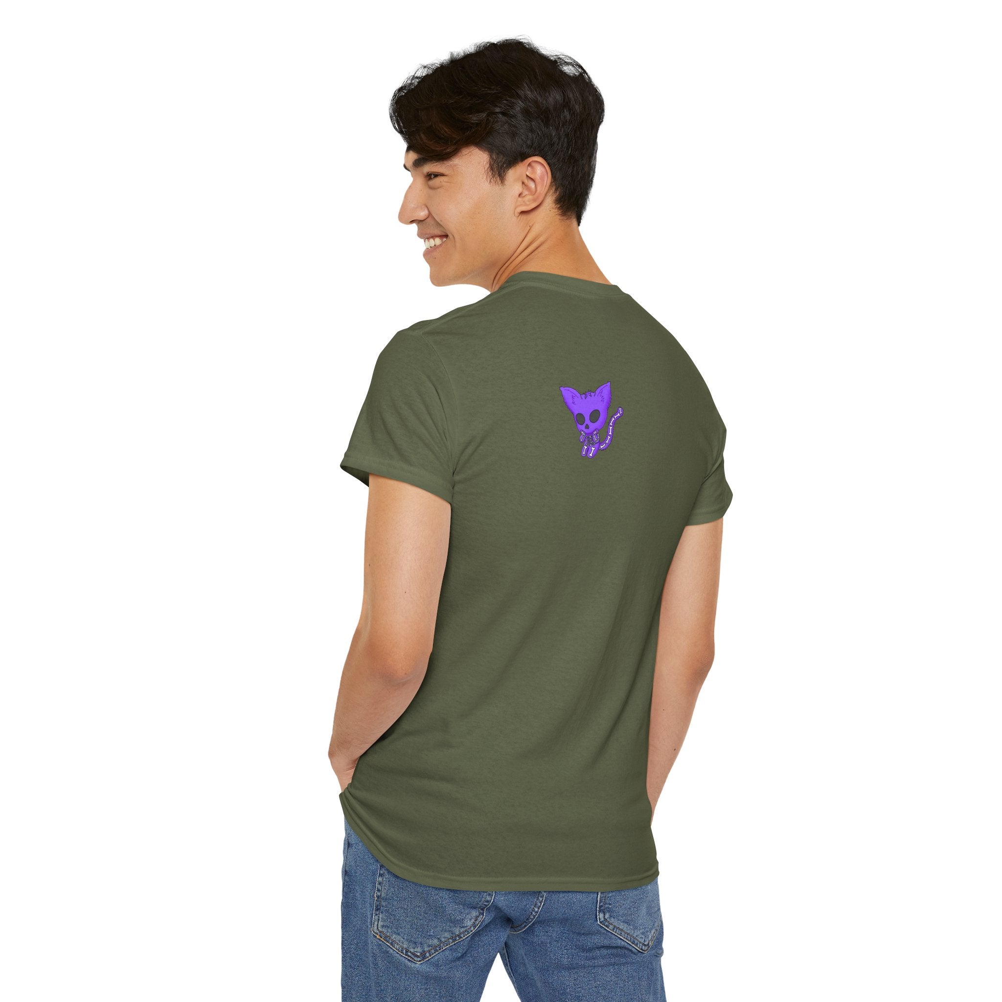 Purple Skeleton Cat Graphic Tee - Cute Creepy Kitty Shirt - 100% Cotton