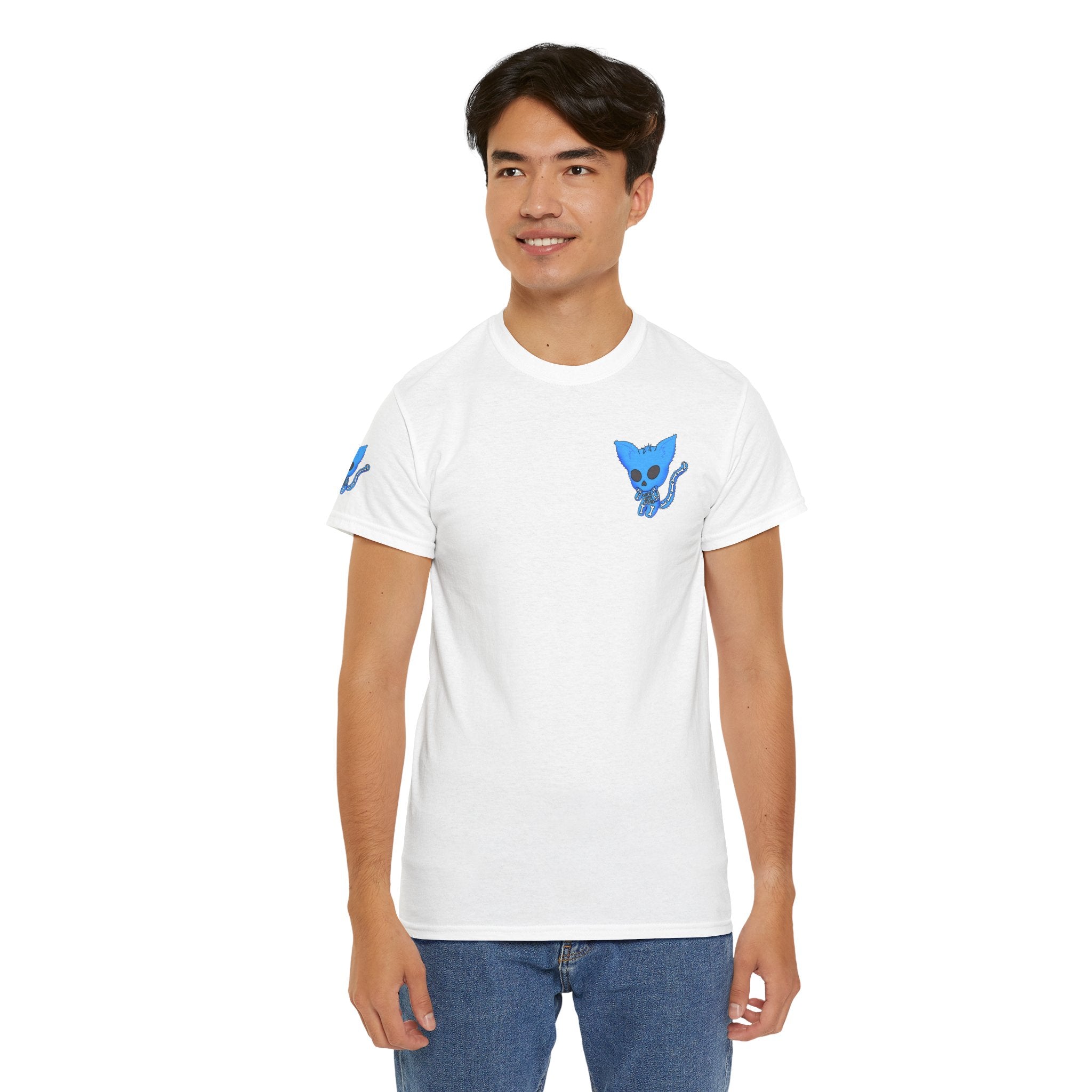 Blue Skeleton Cat Graphic Tee - Cute Creepy Kitty Shirt - 100% Cotton