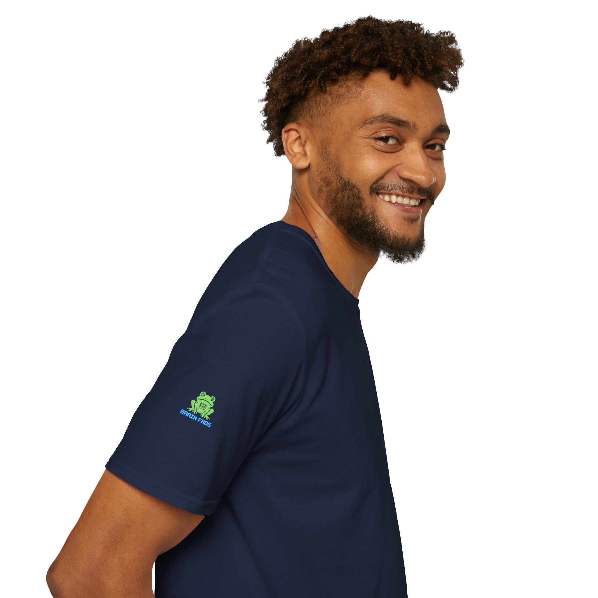Brain Frog Design Signature T-Shirt - Small Green Brain Frog Logo Tee (Front Chest & Sleeve) - 100% Cotton / Cotton Blend