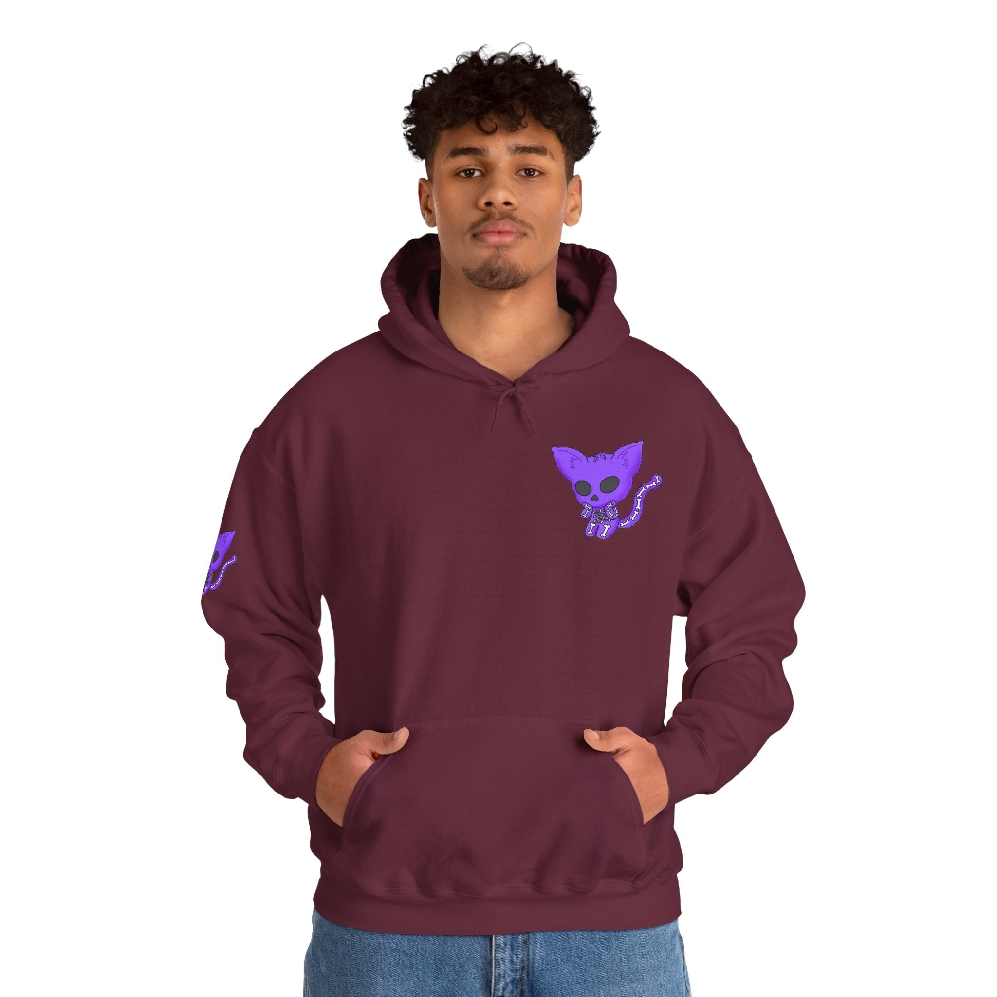 Purple Skeleton Cat Hoodie – Cute Spooky Graphic Sweatshirt - Unique Brand Design
