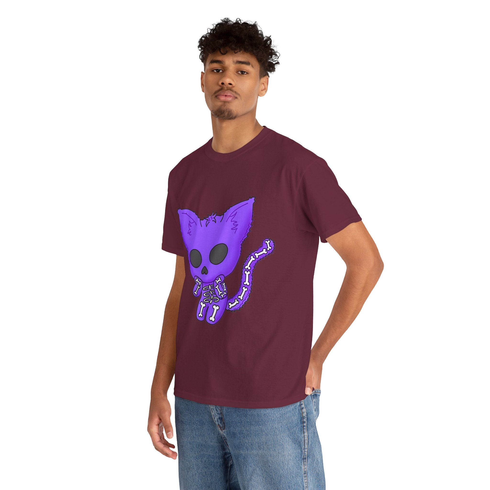 Purple Skeleton Cat Graphic Tee - Cute Creepy Kitty Shirt - 100% Cotton