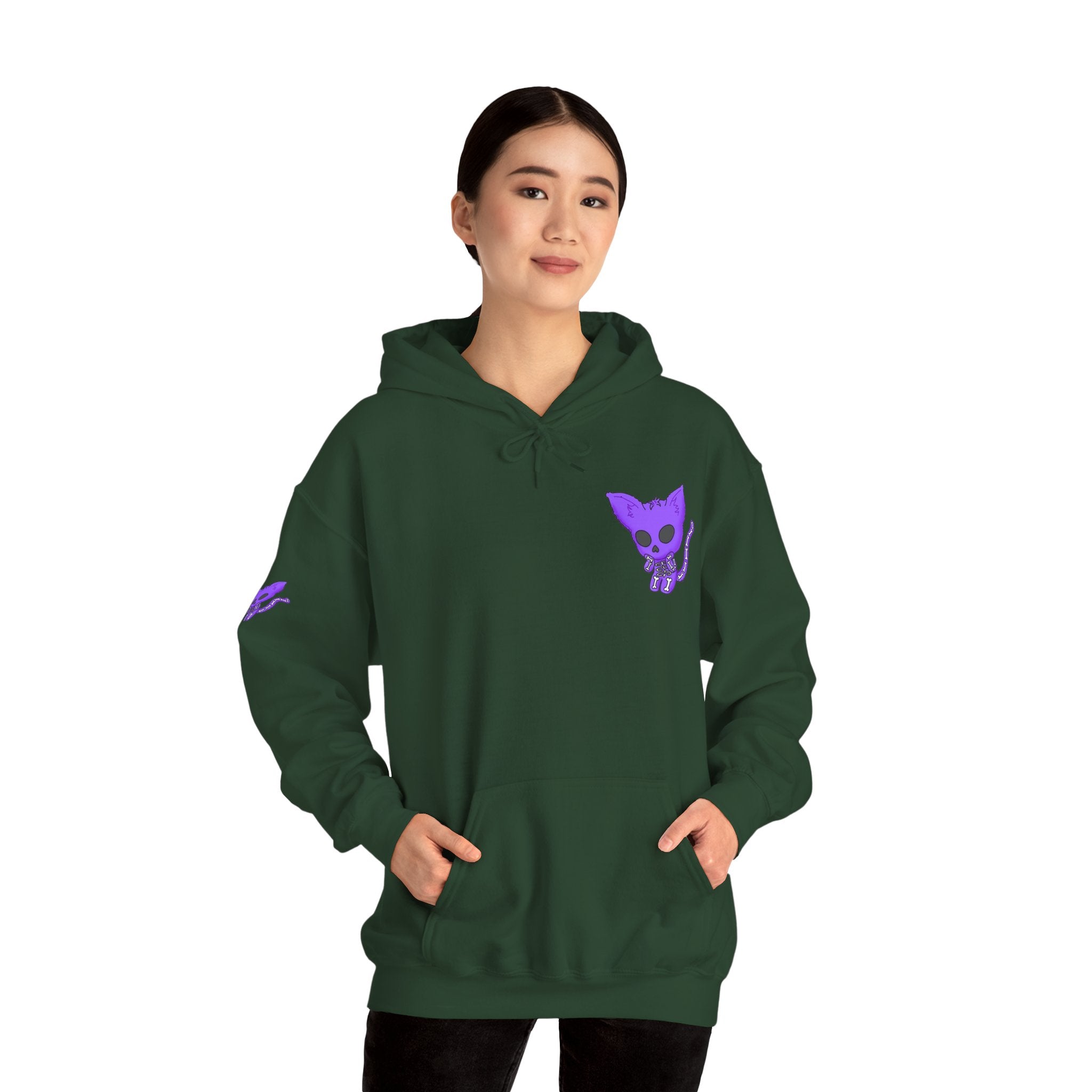 Purple Skeleton Cat Hoodie – Cute Spooky Graphic Sweatshirt - Unique Brand Design