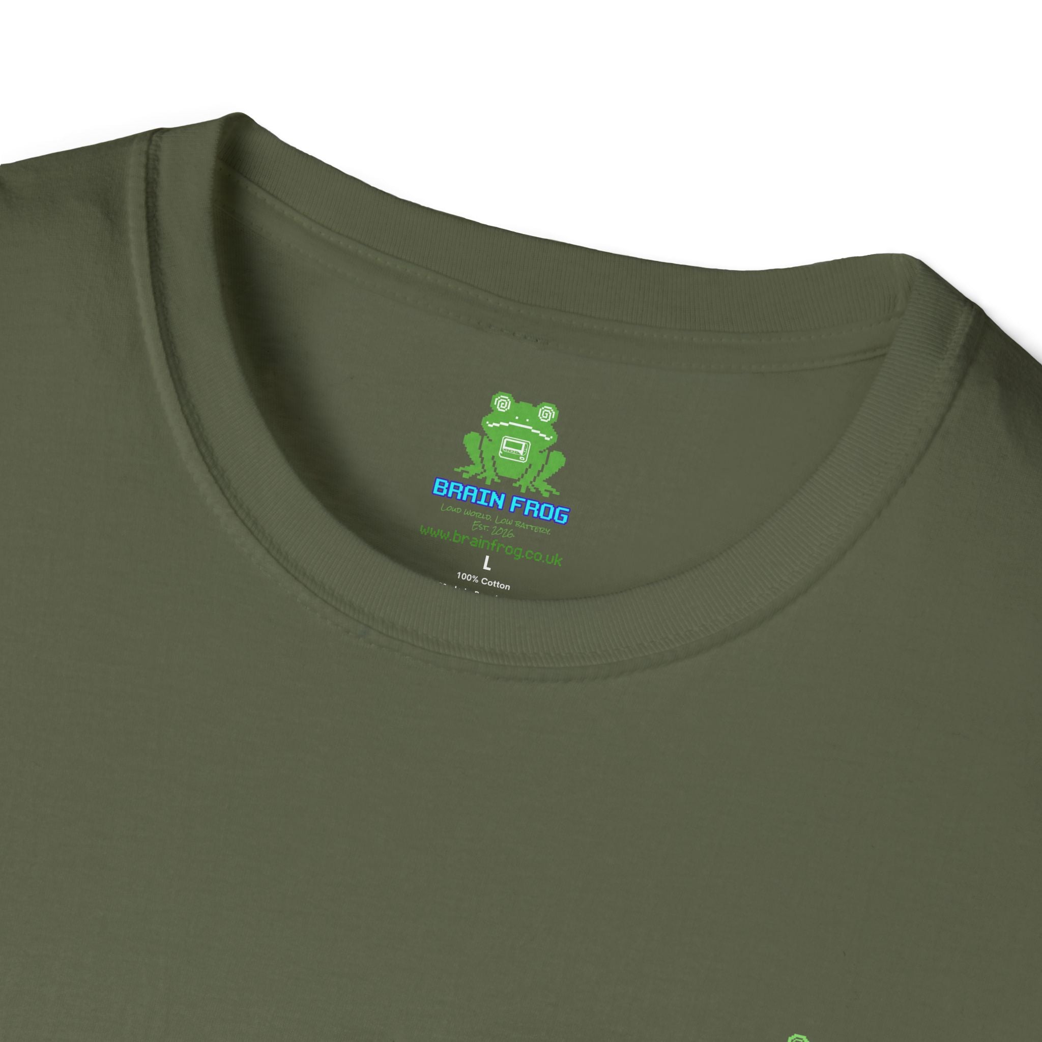 Brain Frog Design Signature T-Shirt - Small Green Brain Frog Logo Tee (Front Chest & Sleeve) - 100% Cotton