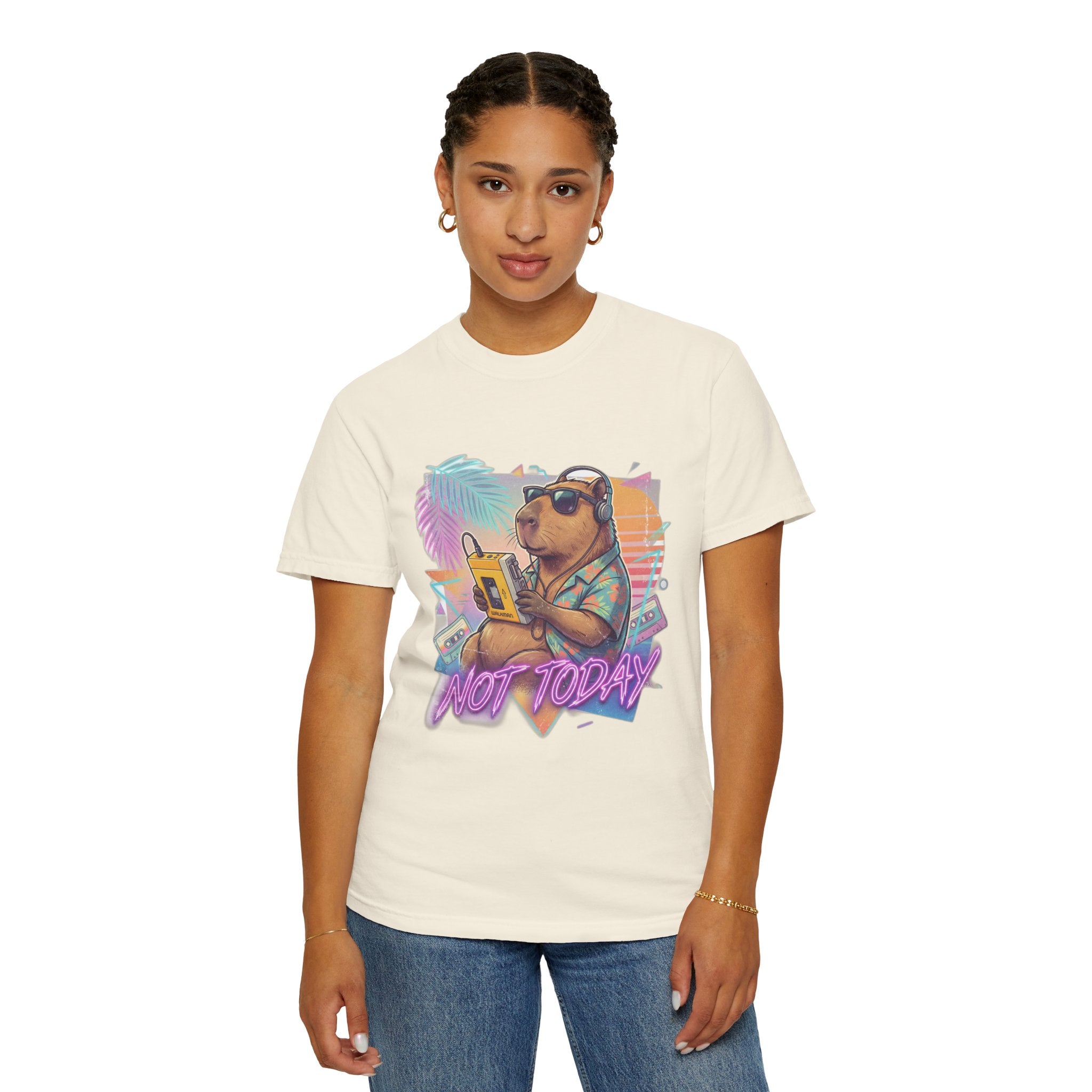Vintage 80s Capybara T-Shirt — 'NOT TODAY' Neon Walkman Design - 100% Cotton