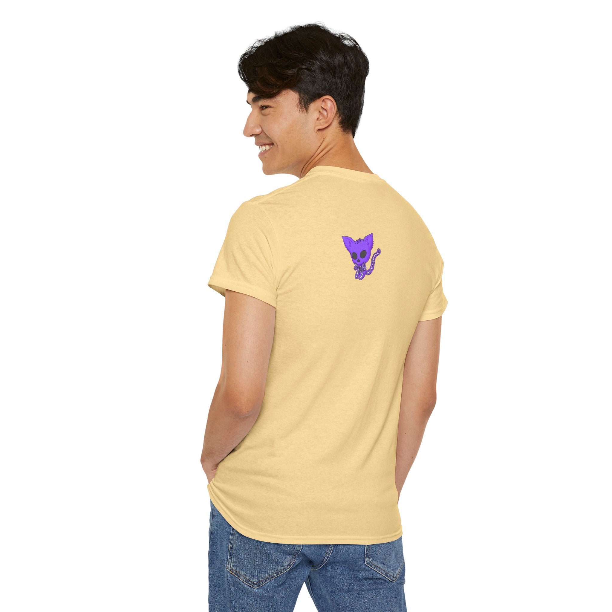 Purple Skeleton Cat Graphic Tee - Cute Creepy Kitty Shirt - 100% Cotton