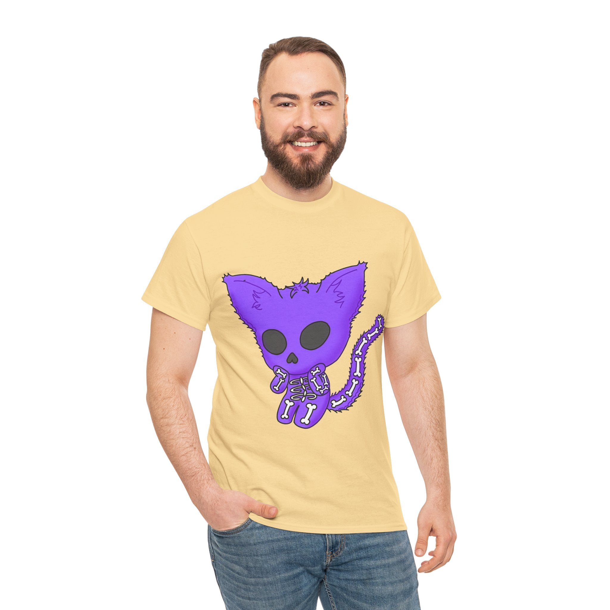 Purple Skeleton Cat Graphic Tee - Cute Creepy Kitty Shirt - 100% Cotton