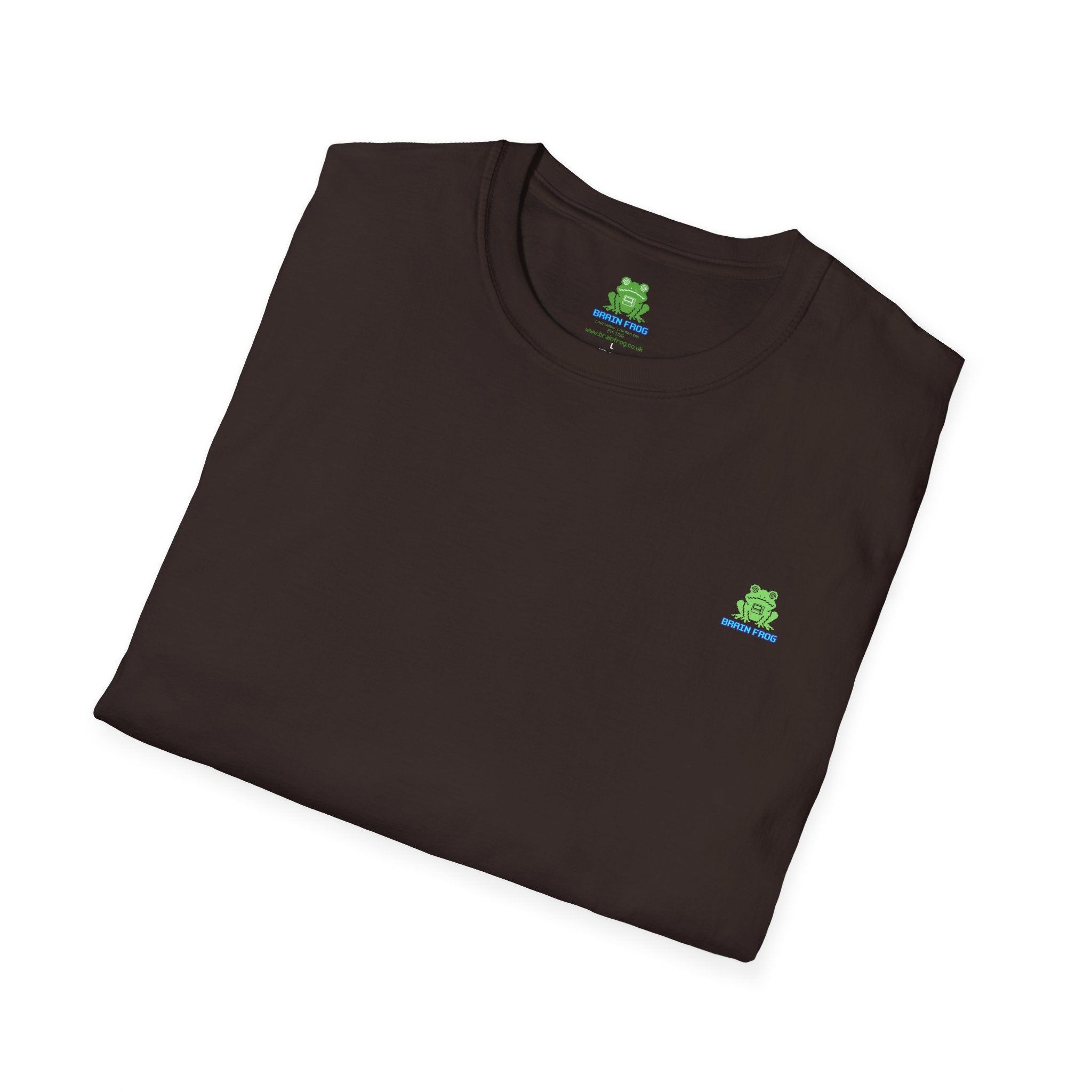 Brain Frog Design Signature T-Shirt - Small Green Brain Frog Logo Tee (Front Chest & Sleeve) - 100% Cotton