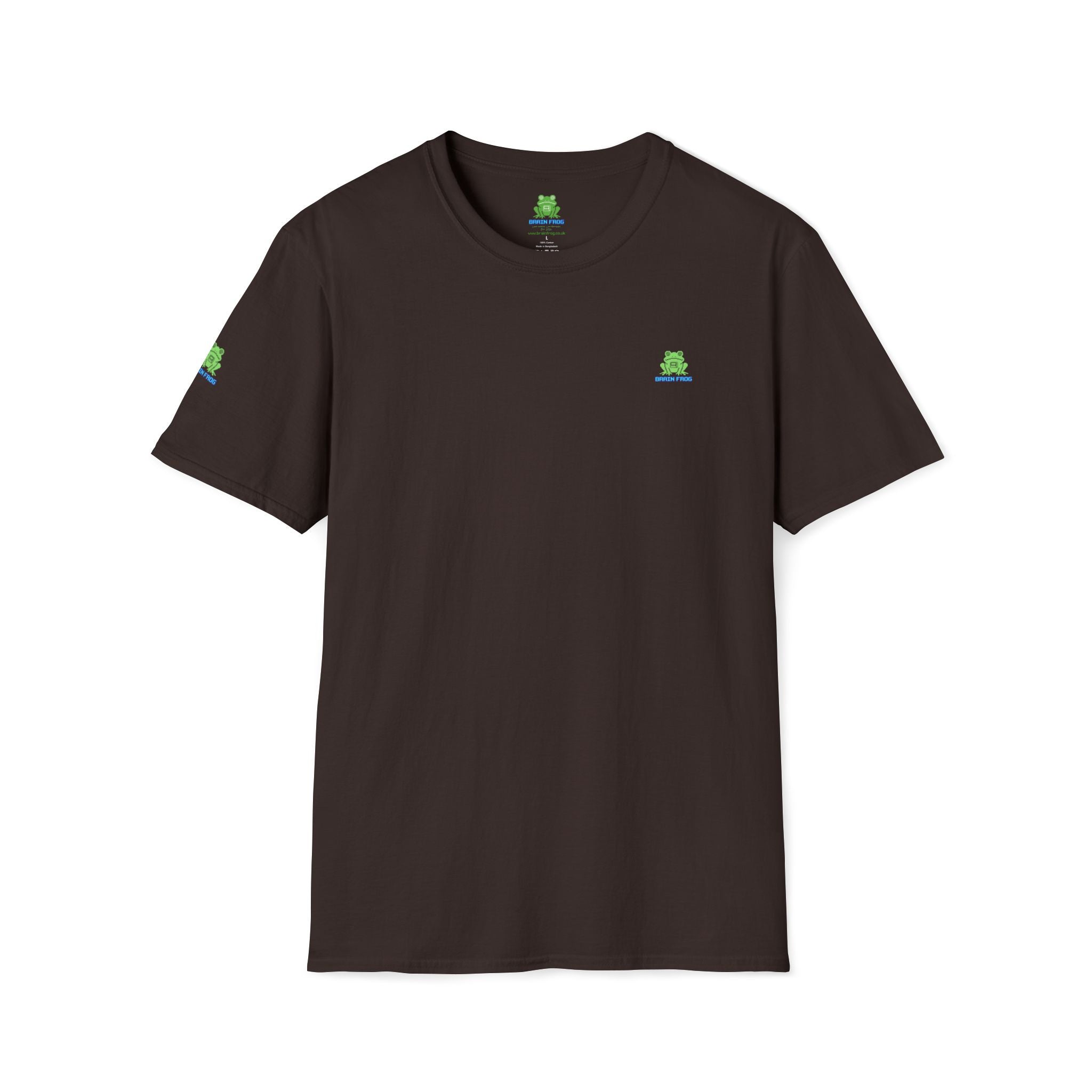 Brain Frog Design Signature T-Shirt - Small Green Brain Frog Logo Tee (Front Chest & Sleeve) - 100% Cotton