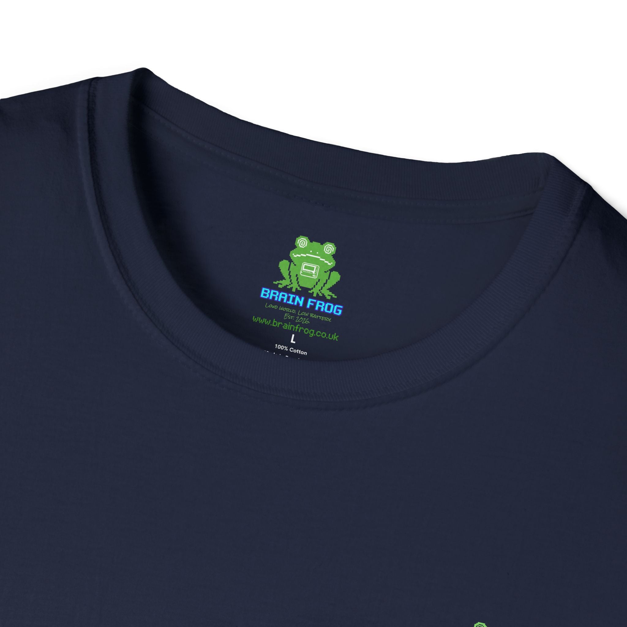 Brain Frog Design Signature T-Shirt - Small Green Brain Frog Logo Tee (Front Chest & Sleeve) - 100% Cotton