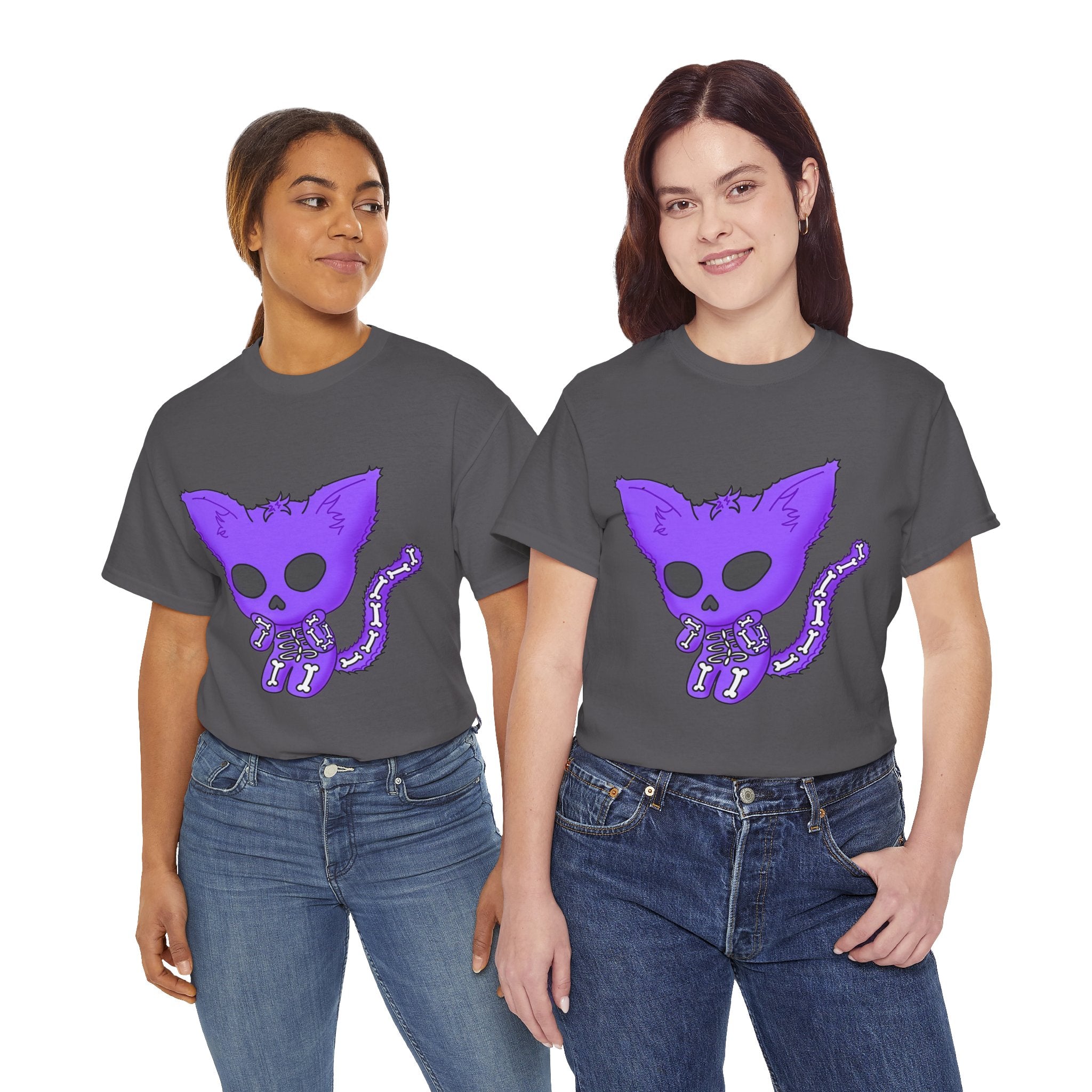Purple Skeleton Cat Graphic Tee - Cute Creepy Kitty Shirt - 100% Cotton