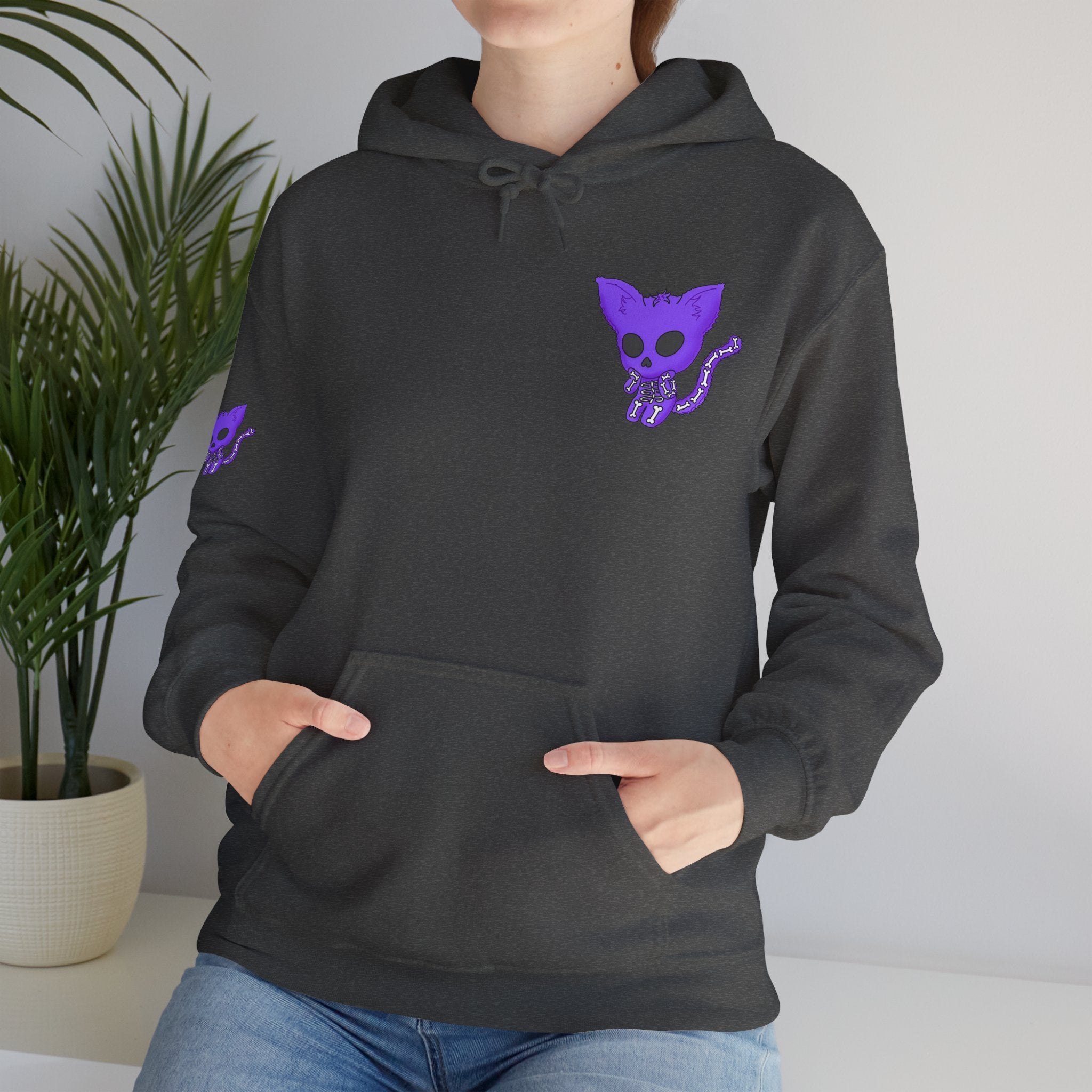 Purple Skeleton Cat Hoodie – Cute Spooky Graphic Sweatshirt - Unique Brand Design