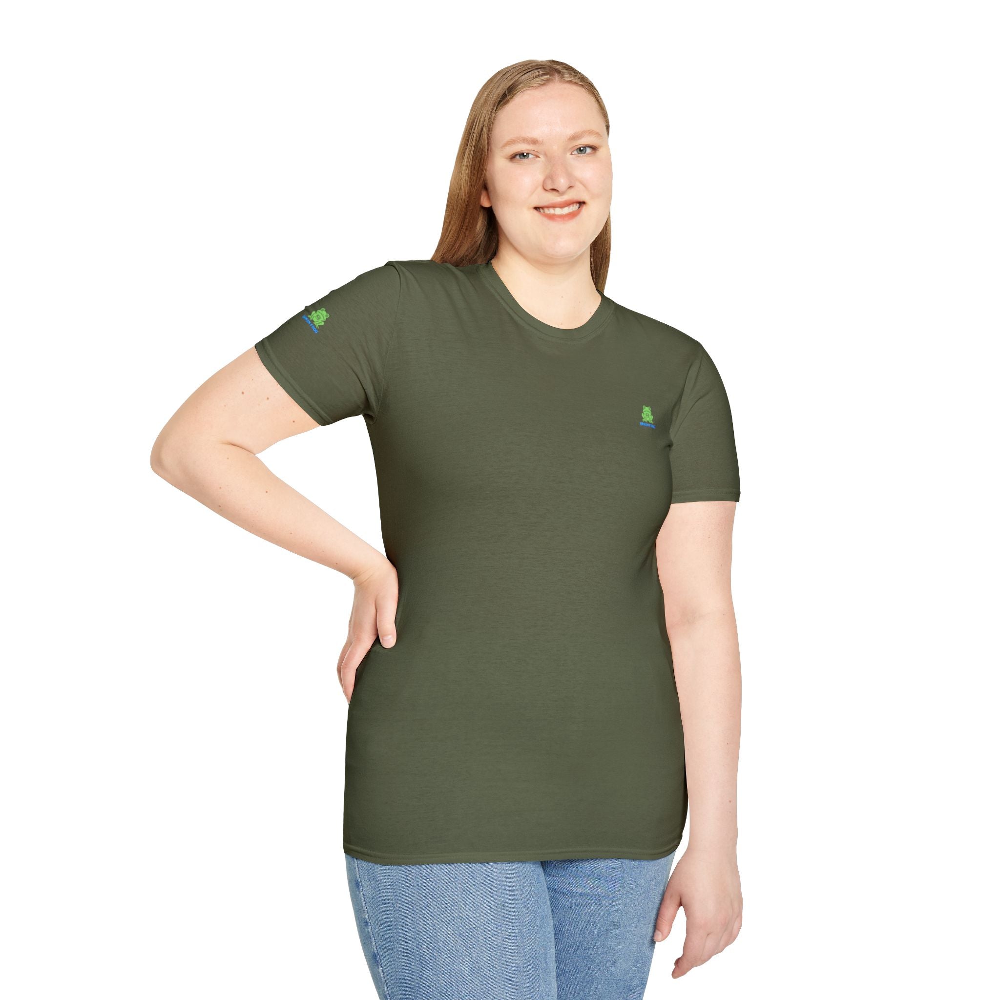 Brain Frog Design Signature T-Shirt - Small Green Brain Frog Logo Tee (Front Chest & Sleeve) - 100% Cotton