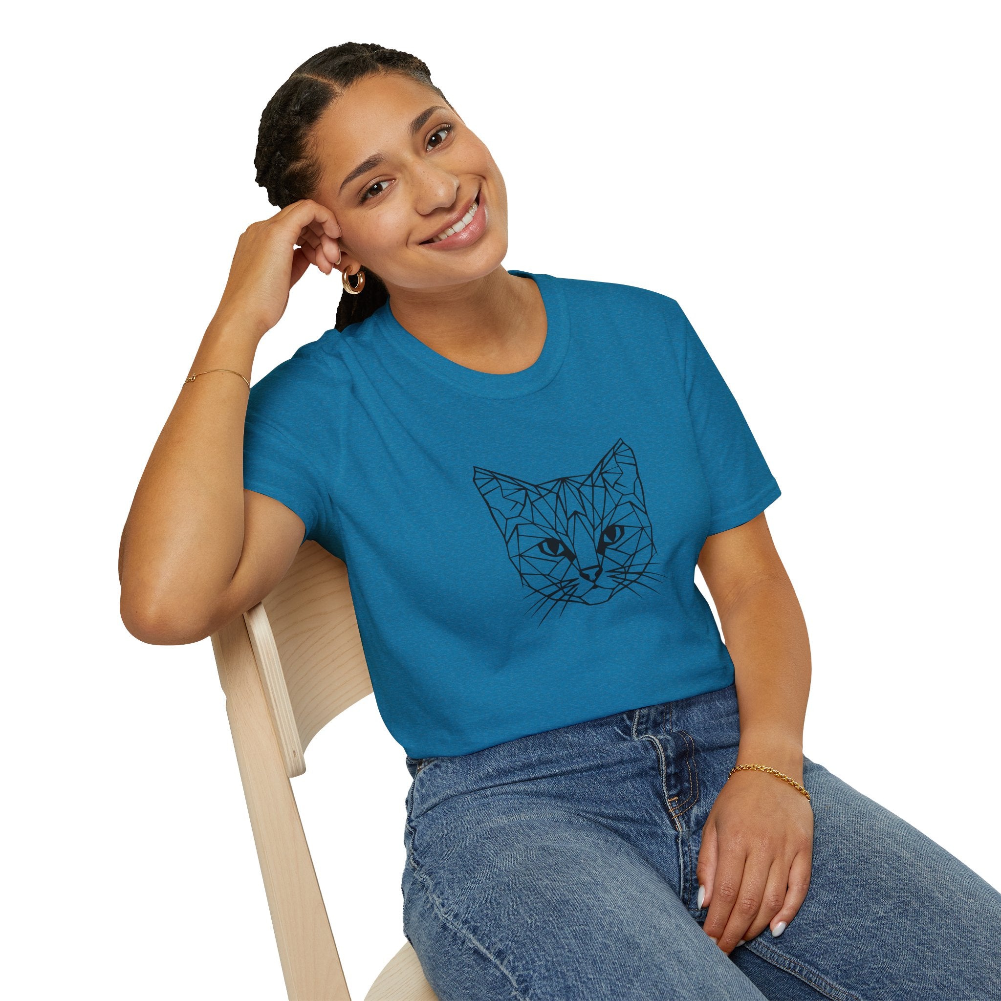 Geometric Cat T-Shirt - Minimal Line Art Cat Face Tee - 100% Cotton
