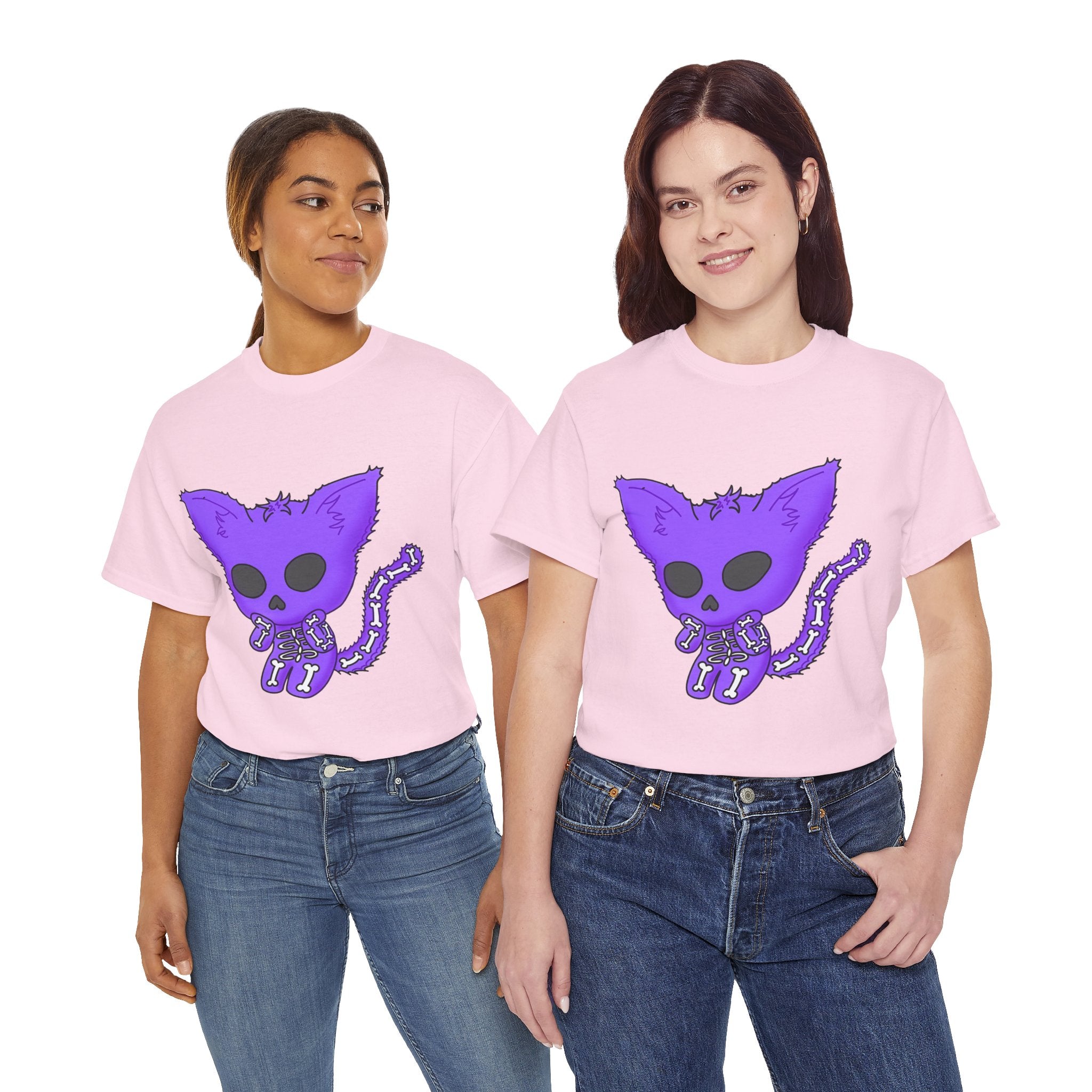 Purple Skeleton Cat Graphic Tee - Cute Creepy Kitty Shirt - 100% Cotton