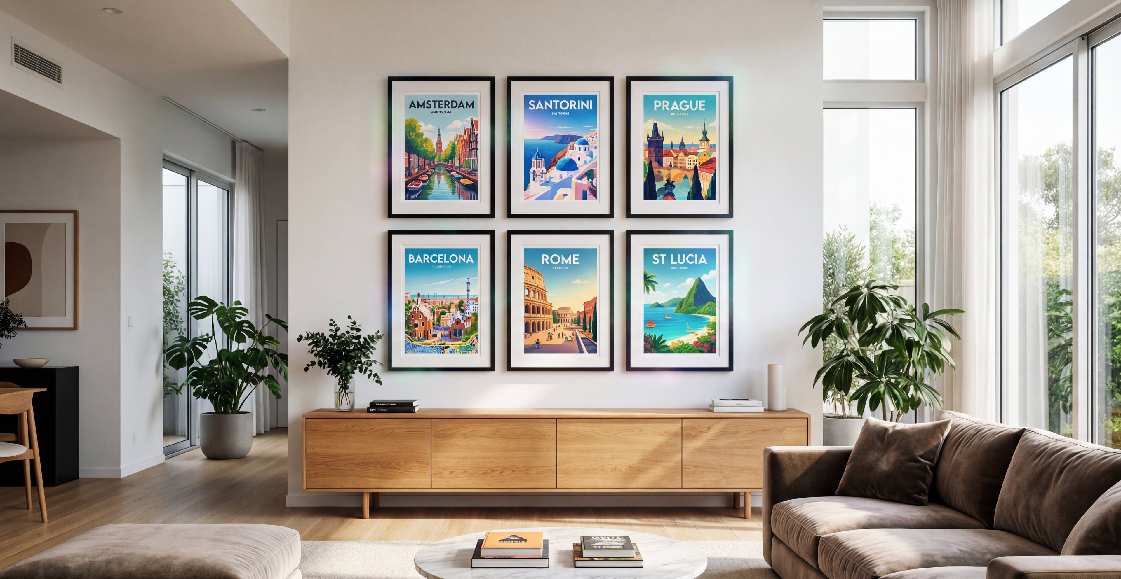 Living room with framed travel posters on the wall